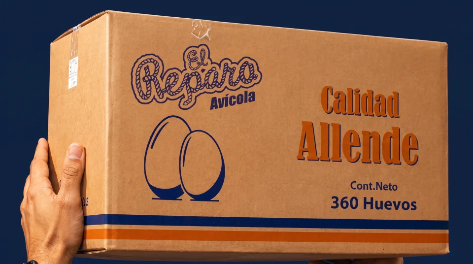 Manos sosteniendo un empaque El Reparo Calidad Allende de 360 huevos